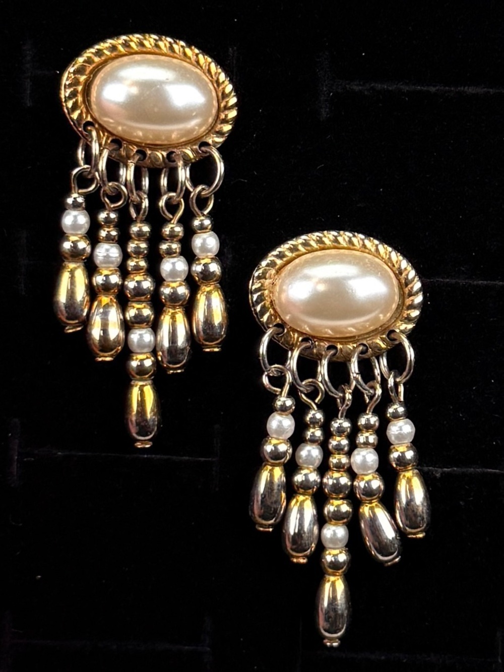 Vintage Faux Pearl Gold Tone Dangle Fringe Pierced Earrings